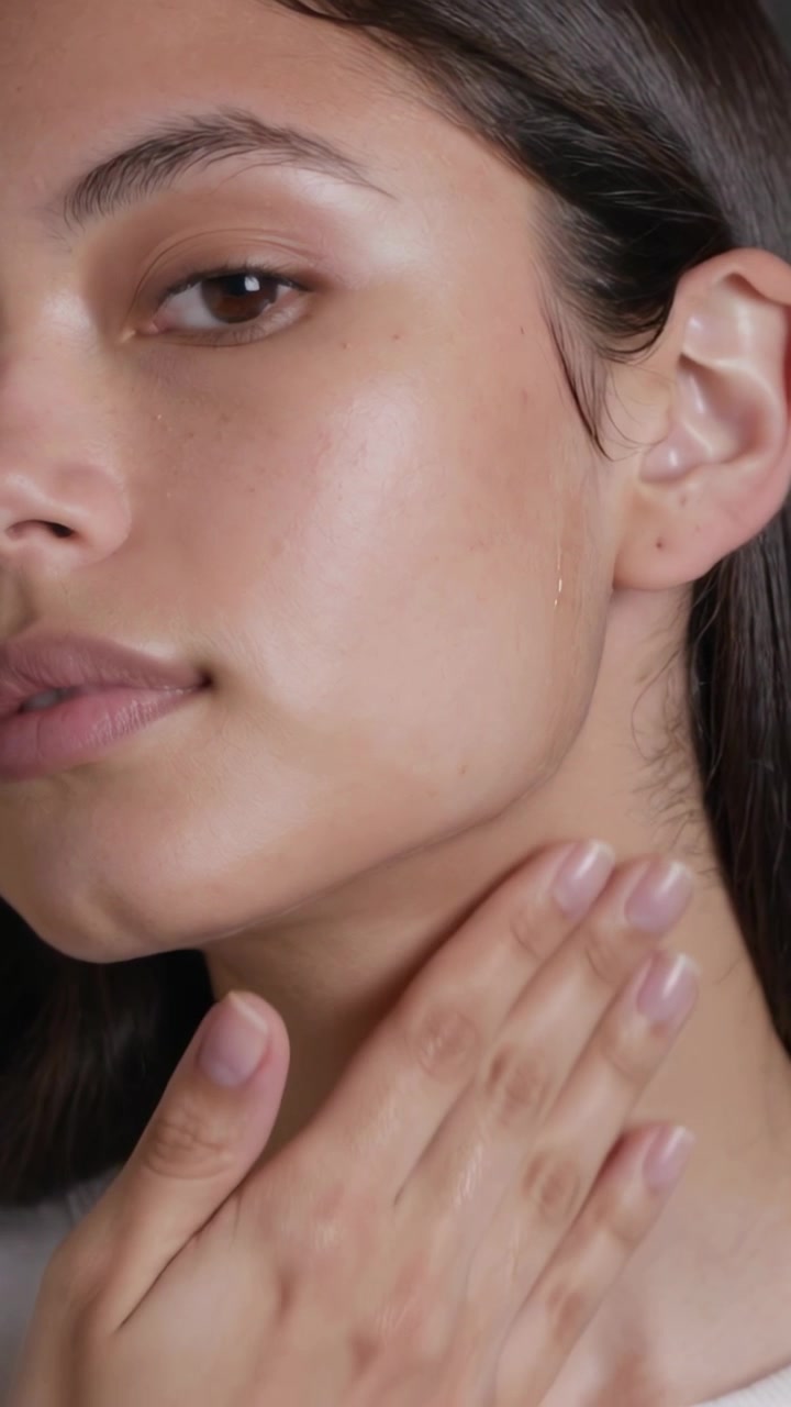 Video vertical: Mujer apretando un gotero, aplicando suero en la mandíbula izquierda y el cuello para la piel en un estudio con top blanco
