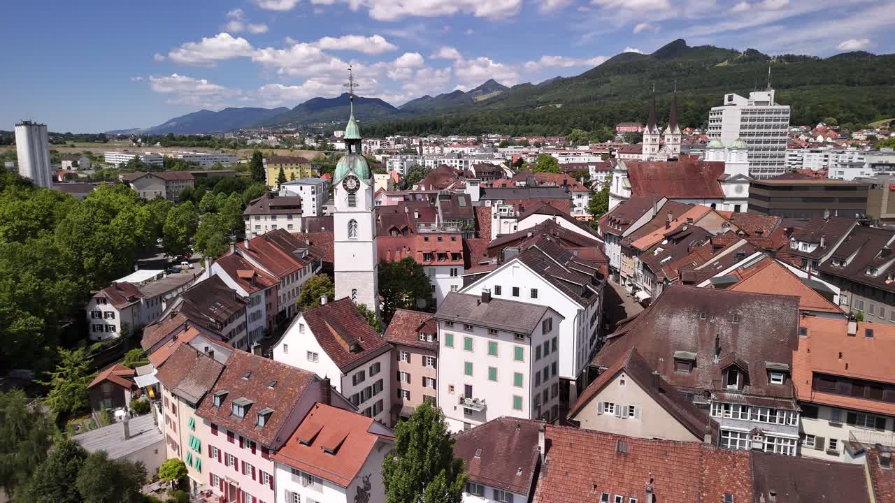 Olten old town square Switzerland alpine city Europe aerial drone landmark