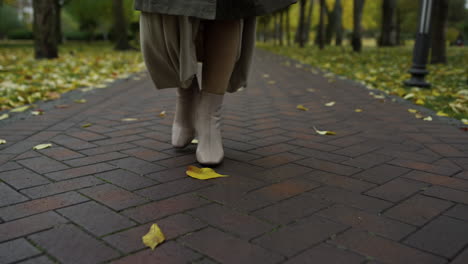 pies femeninos en botas elegante caminando en el camino en el parque