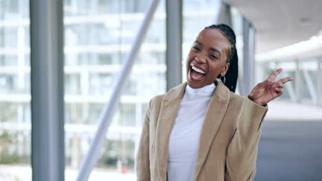 face, peace sign and excited black woman in office