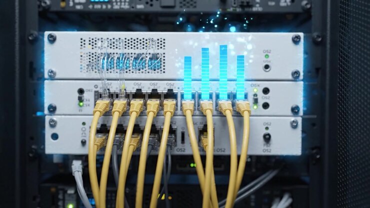 Infrastruttura di rete avanzata con cavi Ethernet ad alta velocità e configurazioni per una maggiore efficienza e affidabilità nel trasferimento dati nei moderni data center.