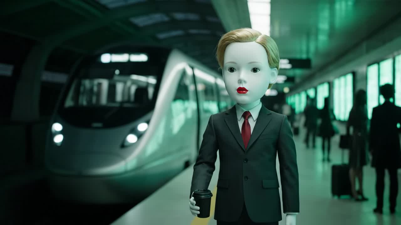 Doll in a Suit at a Subway Station