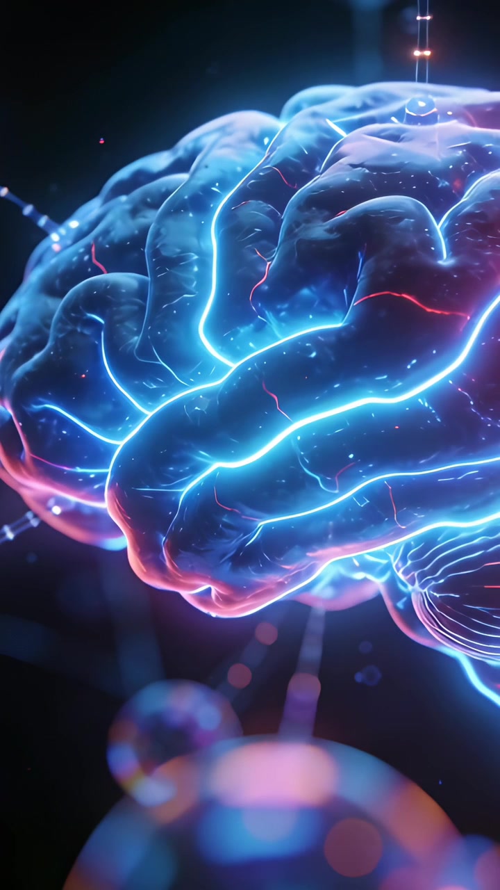 Vertical video: Panning camera right down, neon brain rotating in VR space, revealing glass nodes