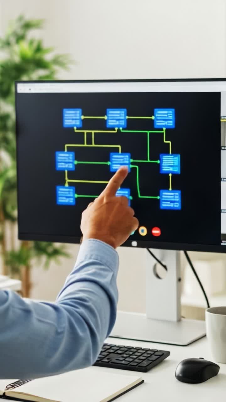 Un individu interagissant avec un organigramme sur un écran d’ordinateur, démontrant une pensée analytique et une résolution de problèmes dans un environnement de travail professionnel