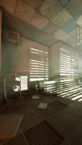 abandoned hospital room with a wheelchair and hospital beds