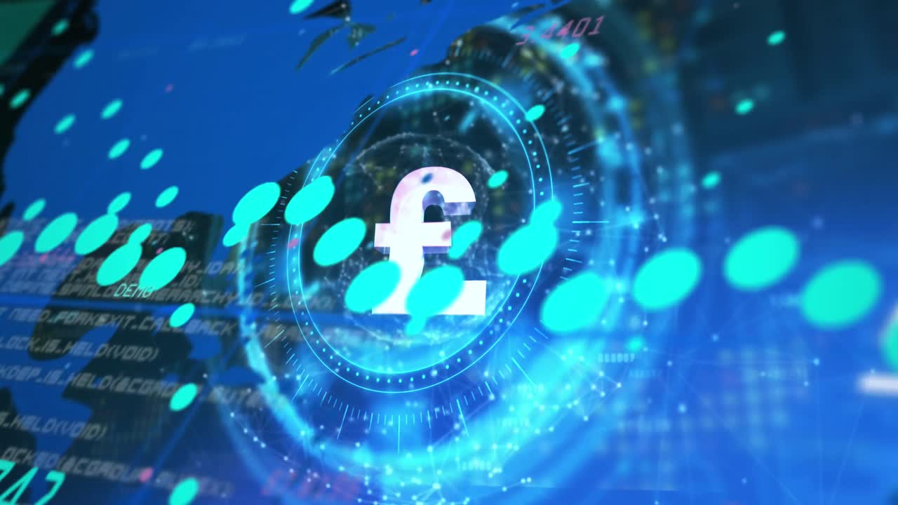 데이터 처리 및 파운드 기호는 파란색 배경의 세계 지도에 대한 둥근 스캐너를 통해