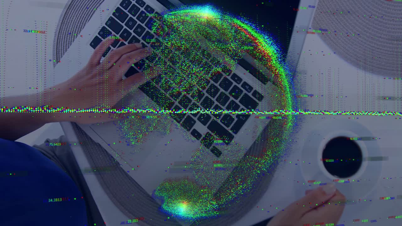 Woman's hands typing on laptop, grabbing coffee mug boosting workflow under glitch overlay in tech