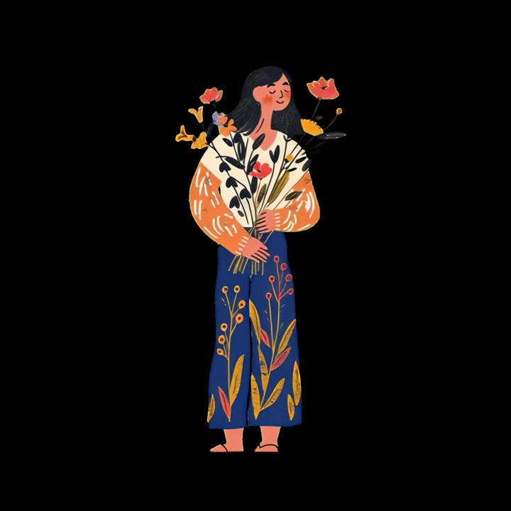 Illustrazione animata di una donna che tiene un bouquet floreale