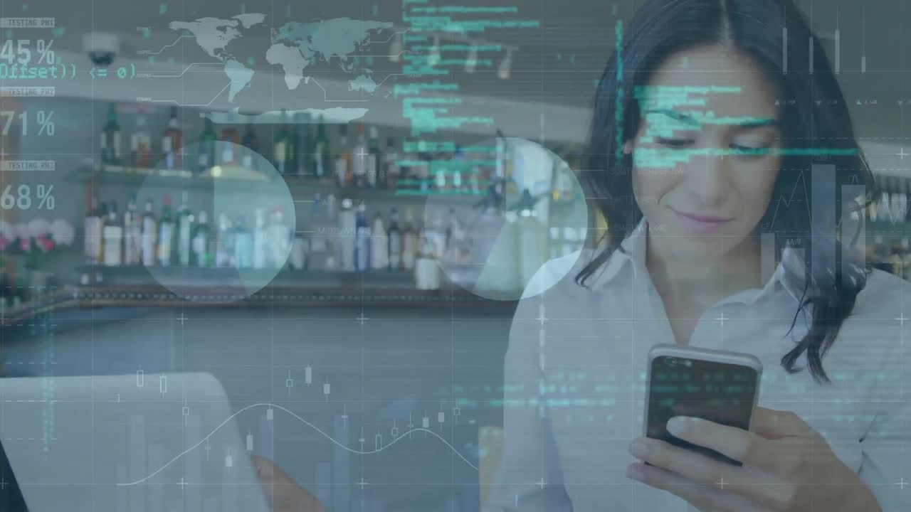 animación del procesamiento de datos estadísticos sobre una camarera caucásica usando un teléfono inteligente en un bar.