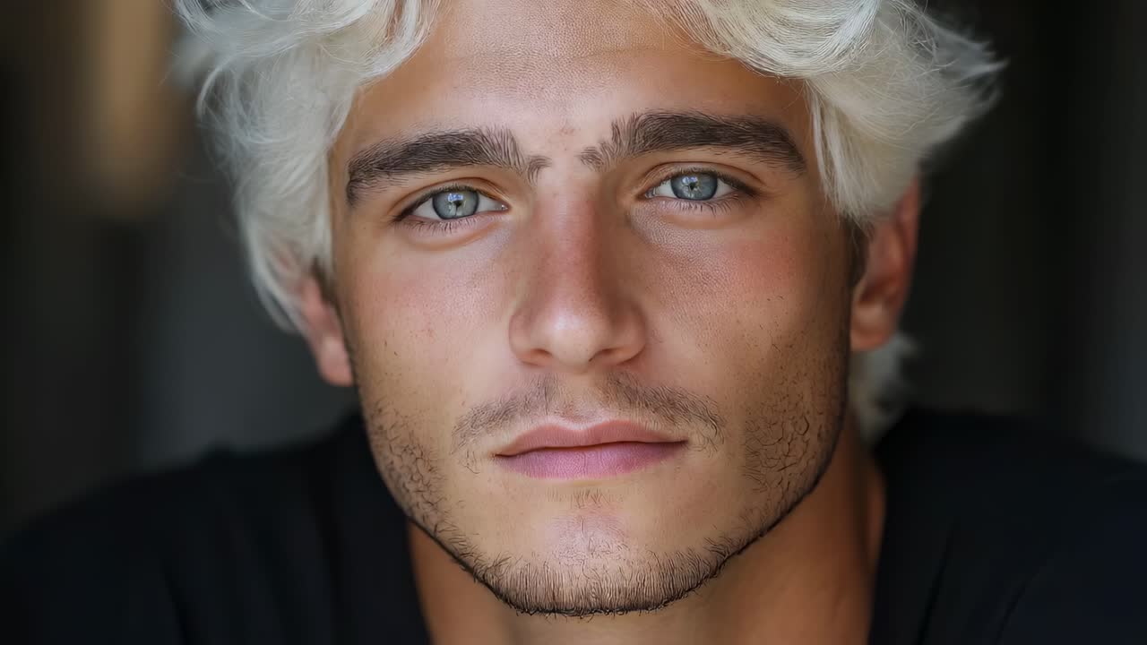 Close-up portrait of a young man with white hair and blue eyes