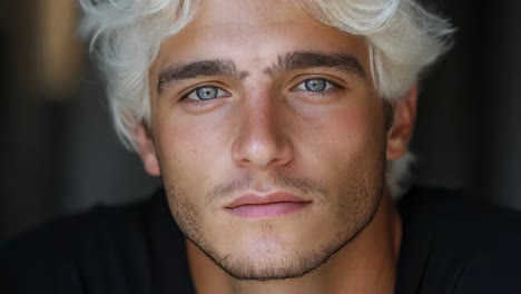 close-up portrait of a young man with white hair and blue eyes