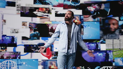 Determined guy admires social media visuals and user interface elements