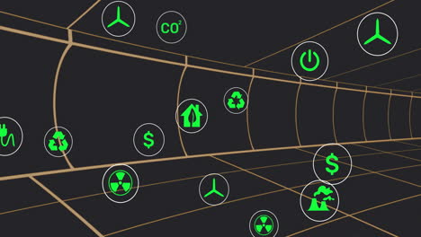 animation of sustainable icon in circles over lines forming grid pattern over black background