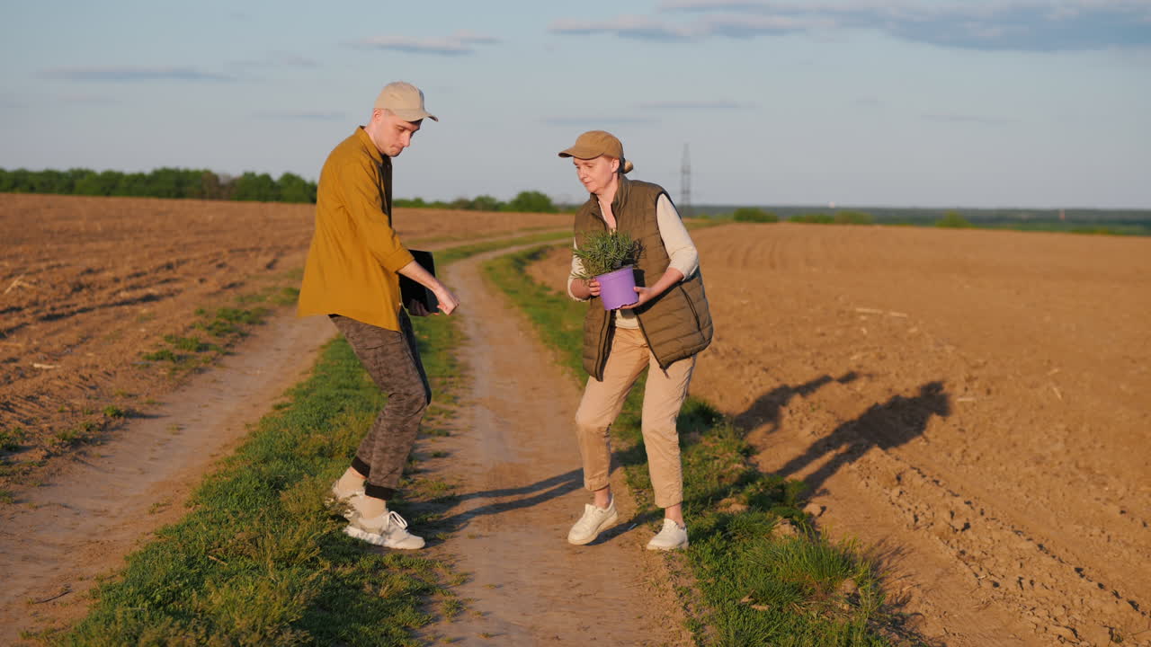два человека на сельской дороге в поле, с растением