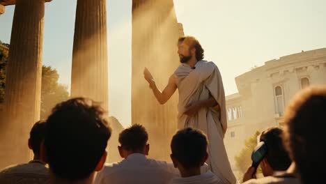 hombre en toga hablando a una multitud frente a las antiguas columnas griegas