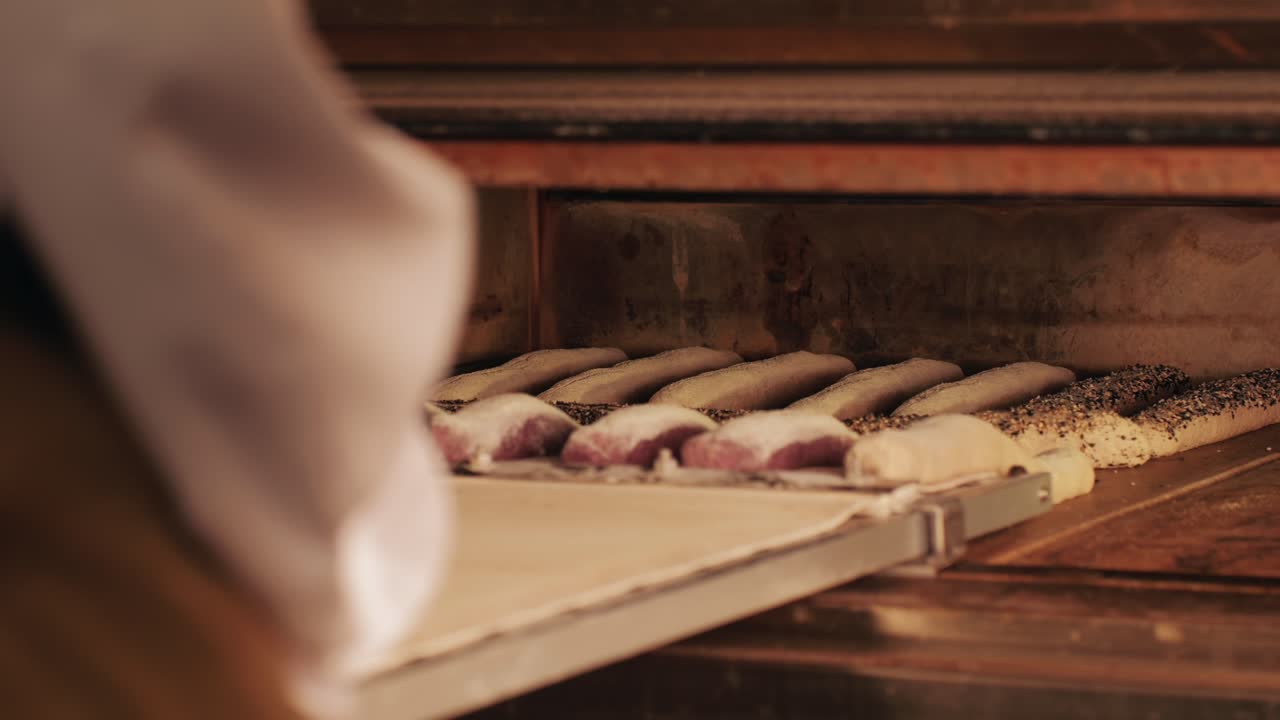Bakery chef making fresh Artesian buns and baguettes using traditional recipe close-up. Young man kneading dough. Artisan bread is making by skill bakers using natural and high-quality ingredients. Food with health and flavour benefits. Bakery shop and market