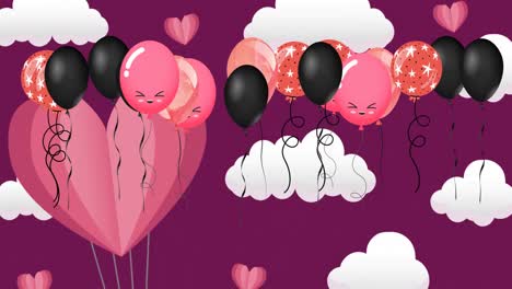 Animation-of-multiple-colorful-balloons-over-hearts-and-clouds-on-purple-background