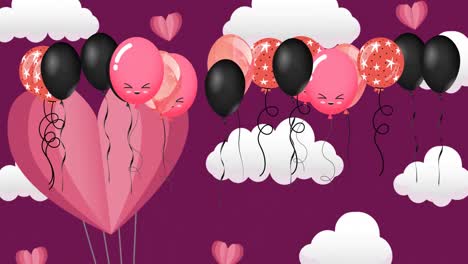 animación de múltiples globos coloridos sobre corazones y nubes sobre fondo púrpura