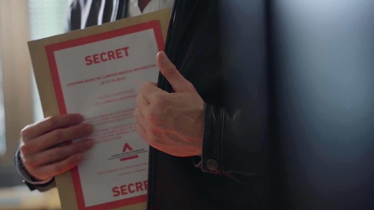 Man discreetly hides secret folder inside his leather jacket in office. Espionage or covert operations. Classified material stolen by agent or spy or mole. Envelope containing intelligence info