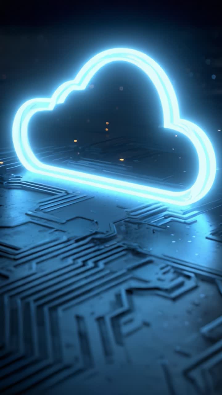 Simbolo di cloud illuminato su sfondo di circuito stampato: una rappresentazione luminosa della connettività digitale e dell'archiviazione dati in un ambiente tecnologico moderno