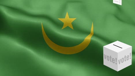 ballots fly to box for mauritania selection - ballot box in front of flag - election - vote - flag of mauritania - mauritania flag high detail - national flag mauritania wave pattern loopable elements - fabric texture and endless loop