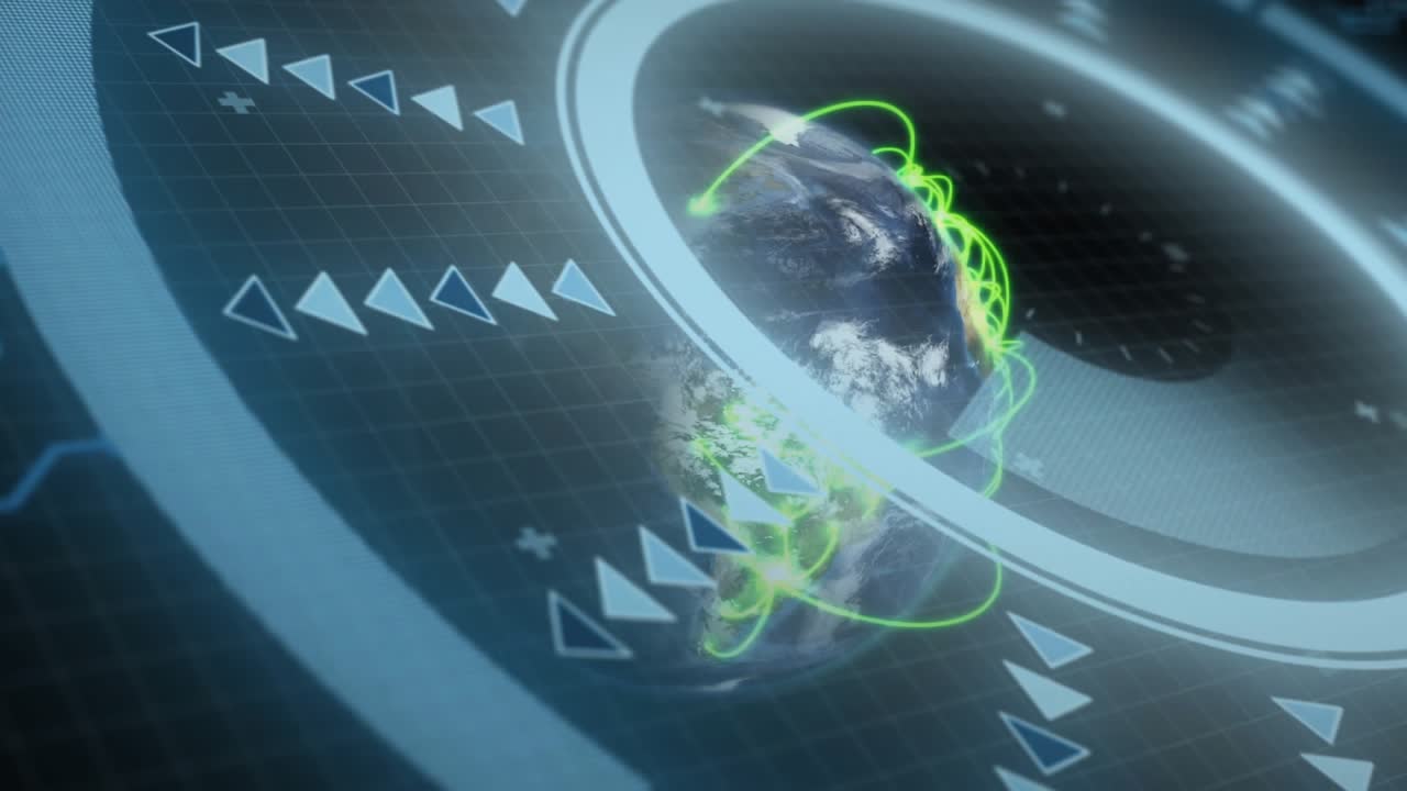 Metallic ring drifting inward revealing Earth and sprouting green streams visualizing connectivity