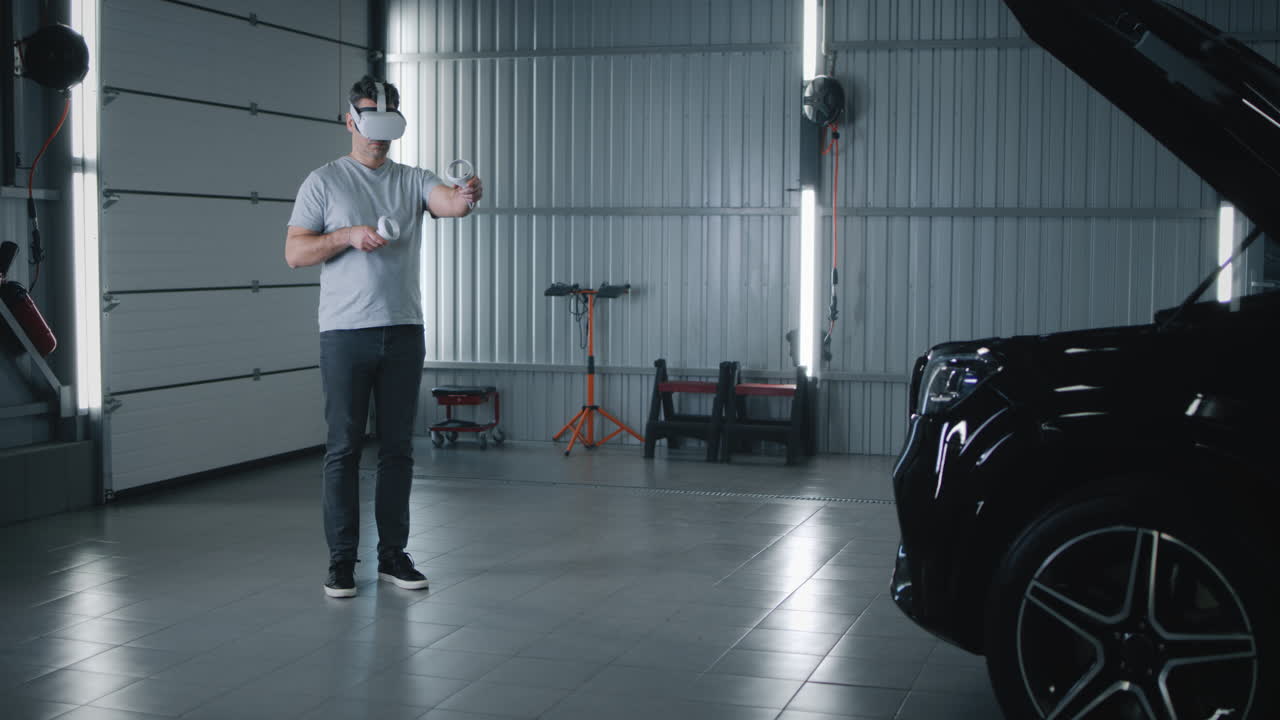 Man Using Virtual Reality Headset to Interact with Car in Garage
