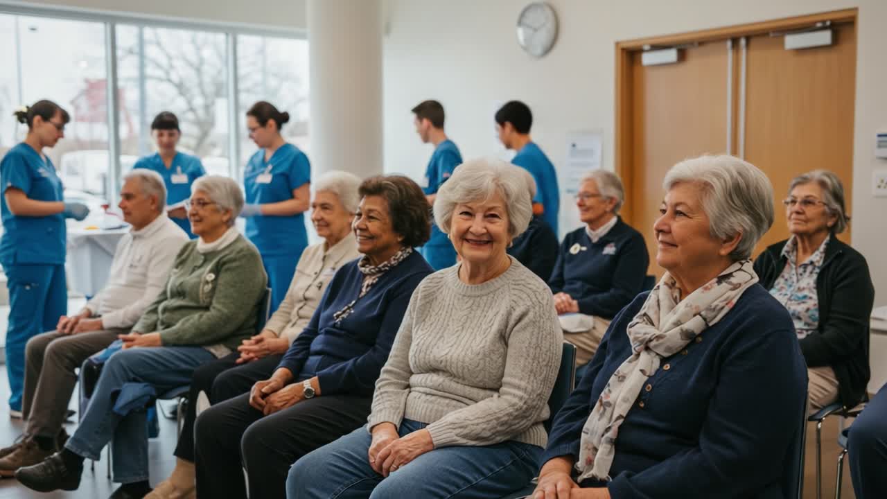 A Heartwarming Moment of Connection and Care Among Seniors in a Community Health Setting, Highlighting Warm Smiles and Compassionate Interactions with Healthcare Professionals