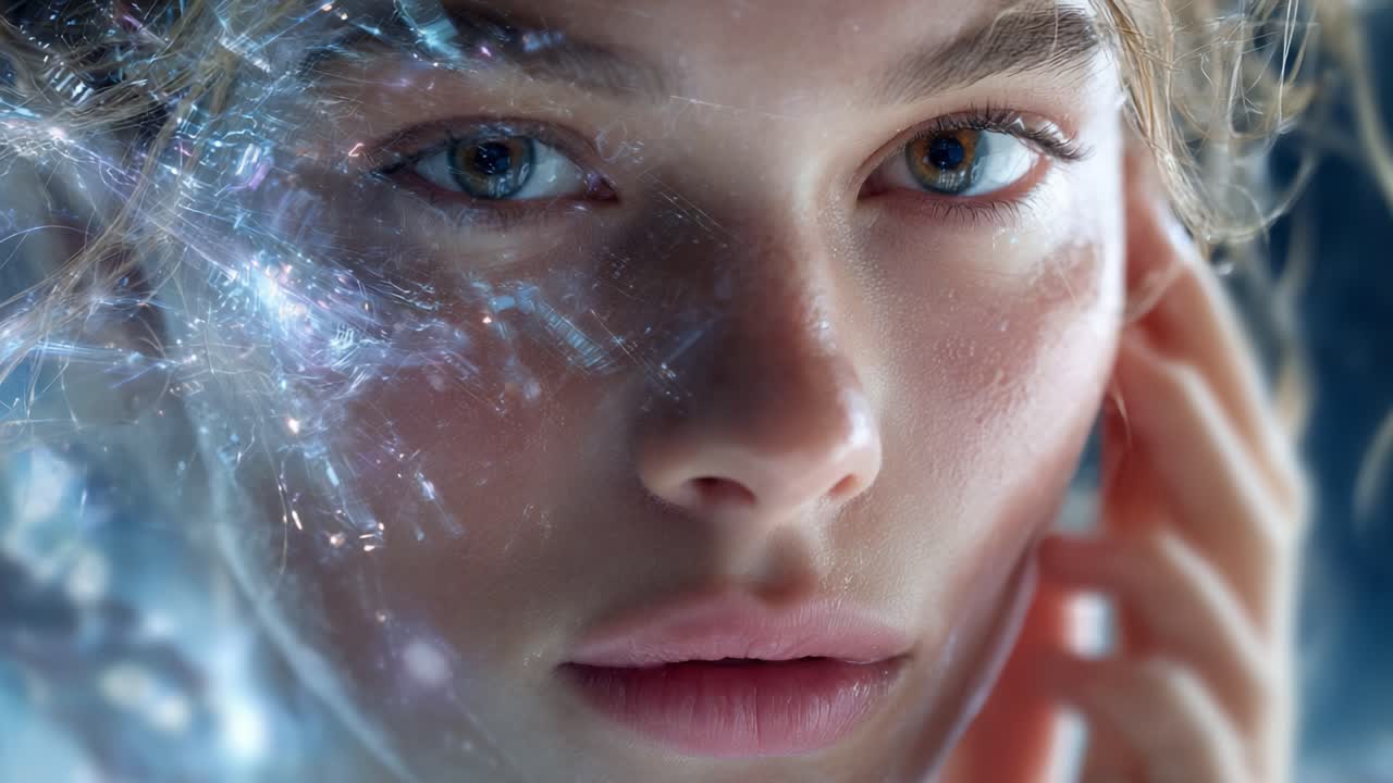A Close-Up of a Young Woman's Enchanting Face with Intricate Digital Effects, Capturing the Essence of Beauty and Technology Intertwined in an Artistic Presentation