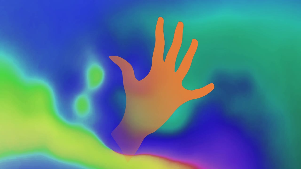 animación de formas y mano en fondo colorido