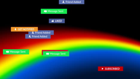 animación de iconos de redes sociales con textos sobre arco iris en fondo negro