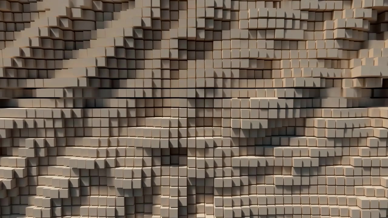 Piccoli elementi cuboidi si spostano avanti e indietro all'interno di una griglia densamente compatta, creando creste e cavità alternate mentre una calda luce direzionale proietta ombre nette su superfici beige opache