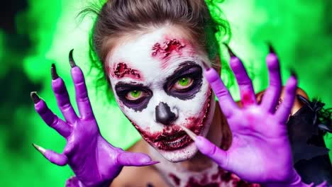 una mujer vestida de zombie con guantes púrpuras y ojos verdes