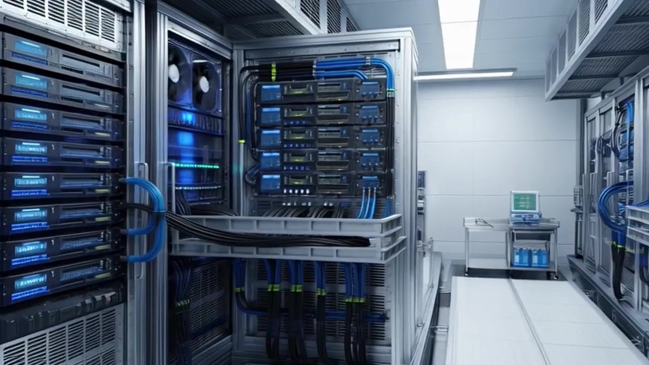 Sala server moderna con file di rack di rete e cavi