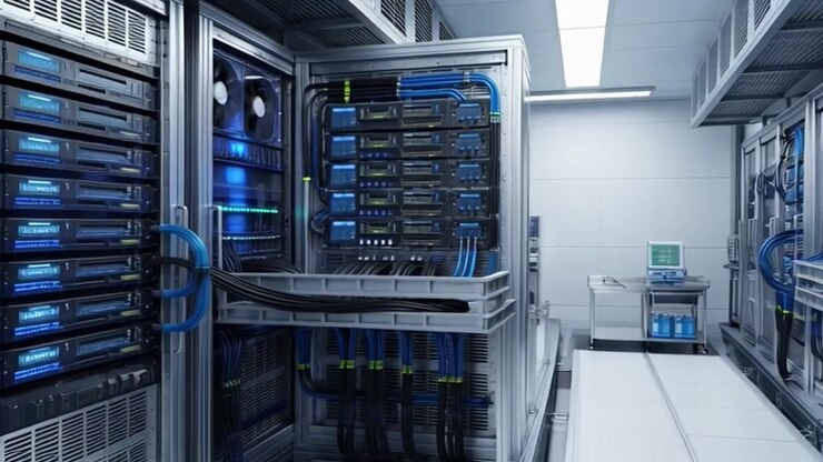 Modern Server Room with Rows of Network Racks and Cables