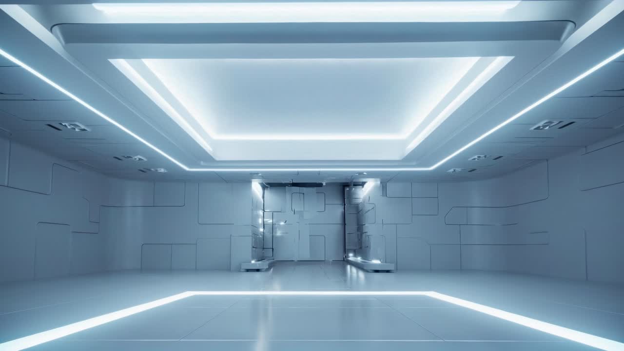 Futuristic room with glowing lines, captured from a low angle. Minimalist design, ideal for a sci-fi