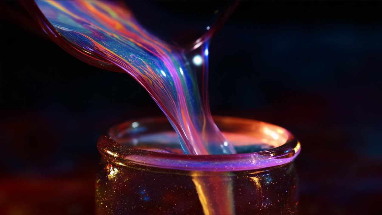 A mesmerizing display of vibrant colors as a luminescent fluid is poured into a glass container, creating a stunning spectacle of swirling patterns and shimmering hues
