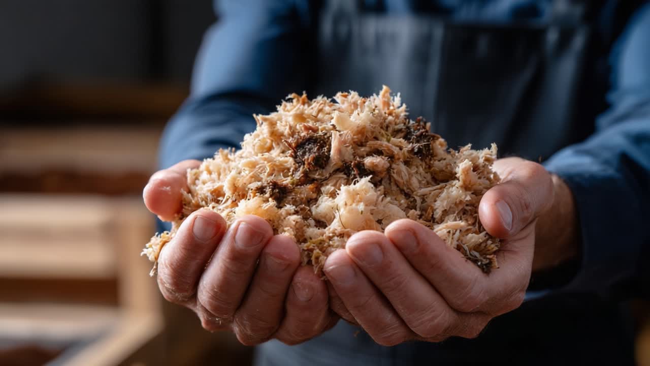 Craftsmanship in Action: A Skilled Artisan Holds Freshly Shredded Wood Shavings in Their Hands, Showcasing the Beauty and Texture of Natural Materials in a Workshop Setting