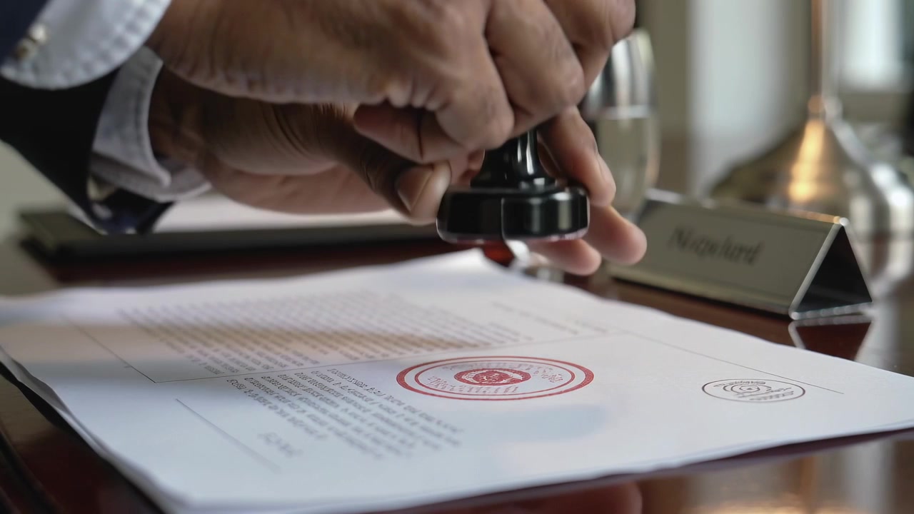Gripping suit-cuffed hands pressing black stamp onto document on wooden desk for authentication