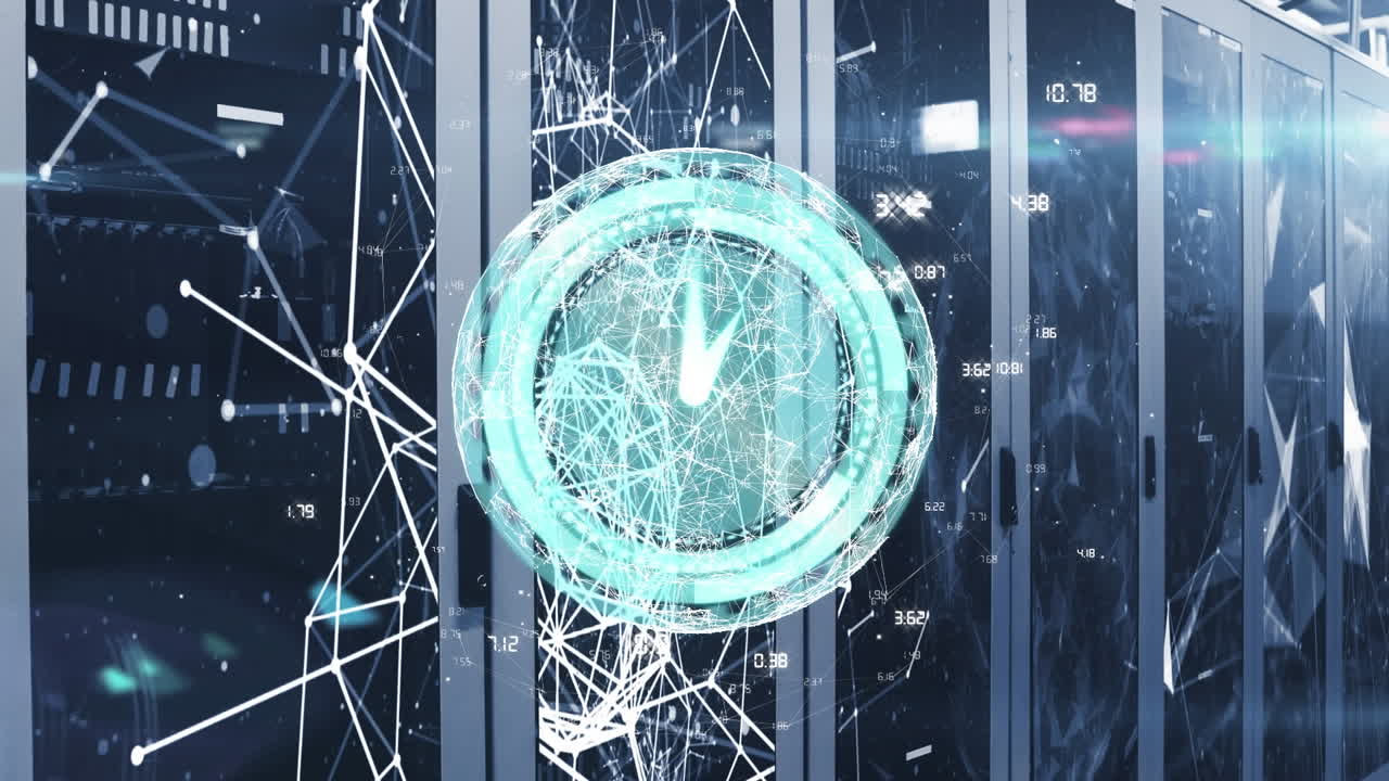 지구의 애니메이션, 빠르게 움직이는 시계 및 컴퓨터 서버를 통한 데이터 처리