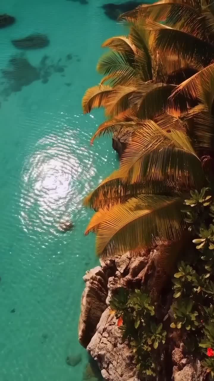 Vídeo aéreo captura um paraíso tropical com águas turquesa e palmeiras exuberantes.