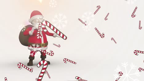 Animation-of-snow-and-candy-canes-falling-over-santa-claus-walking