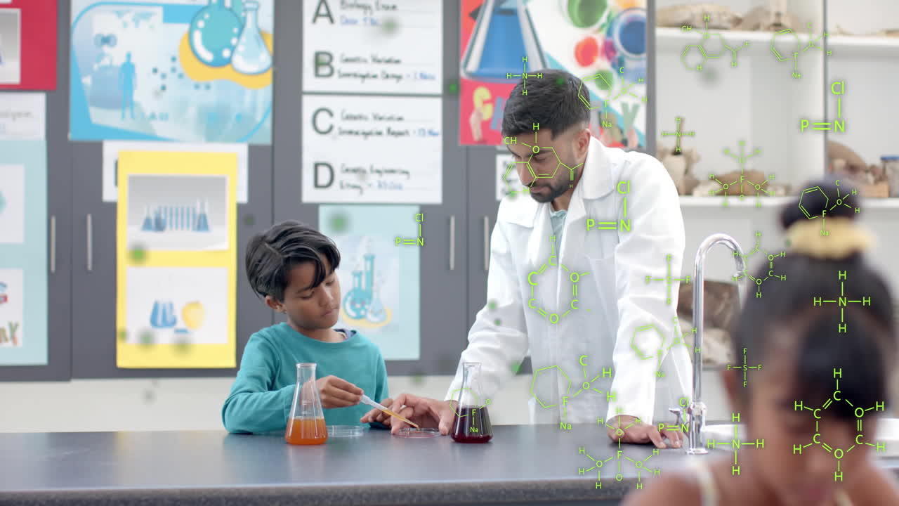 profesor de química y estudiante realizando un experimento, fórmulas químicas sobre la escena del aula