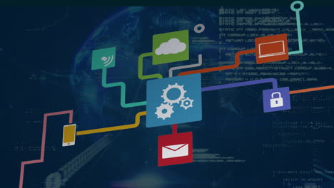 Animation of network of connections with technology icons over diverse data on navy background