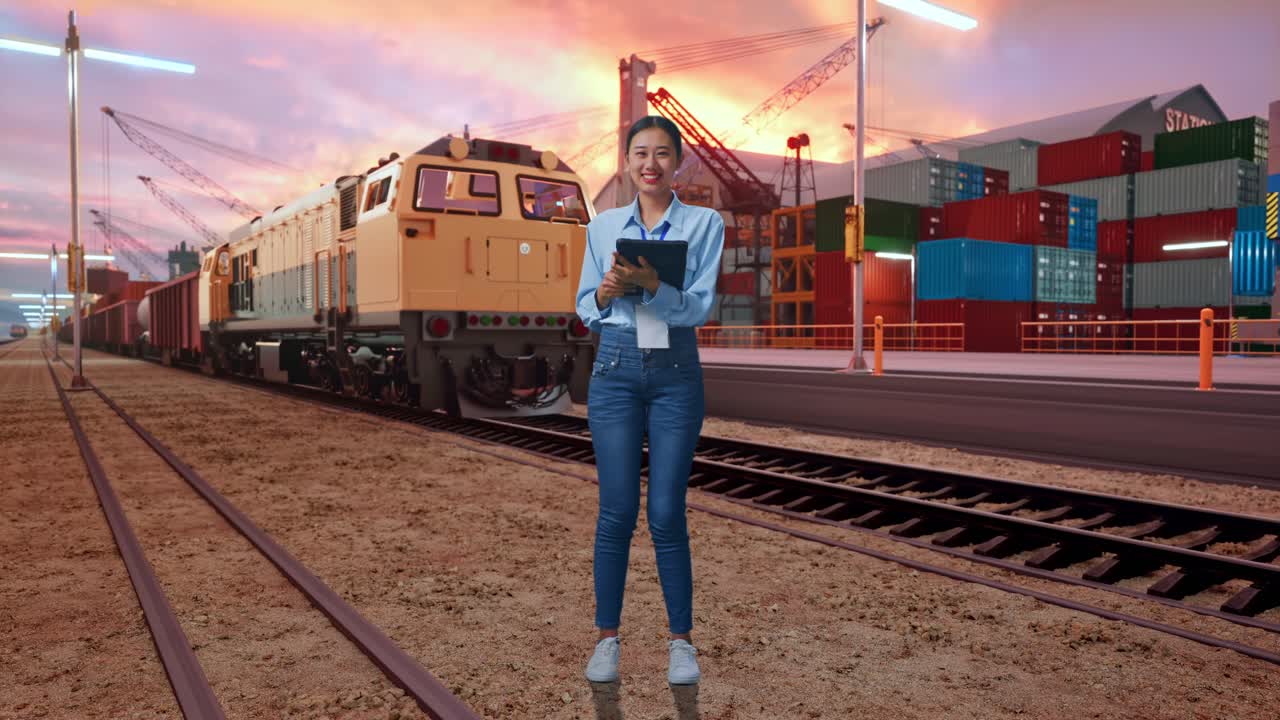 Full Body Of Asian Female With Freight Cargo Train At Port, Typing On Tablet'S Keyboard And Looking Camera And Smiling