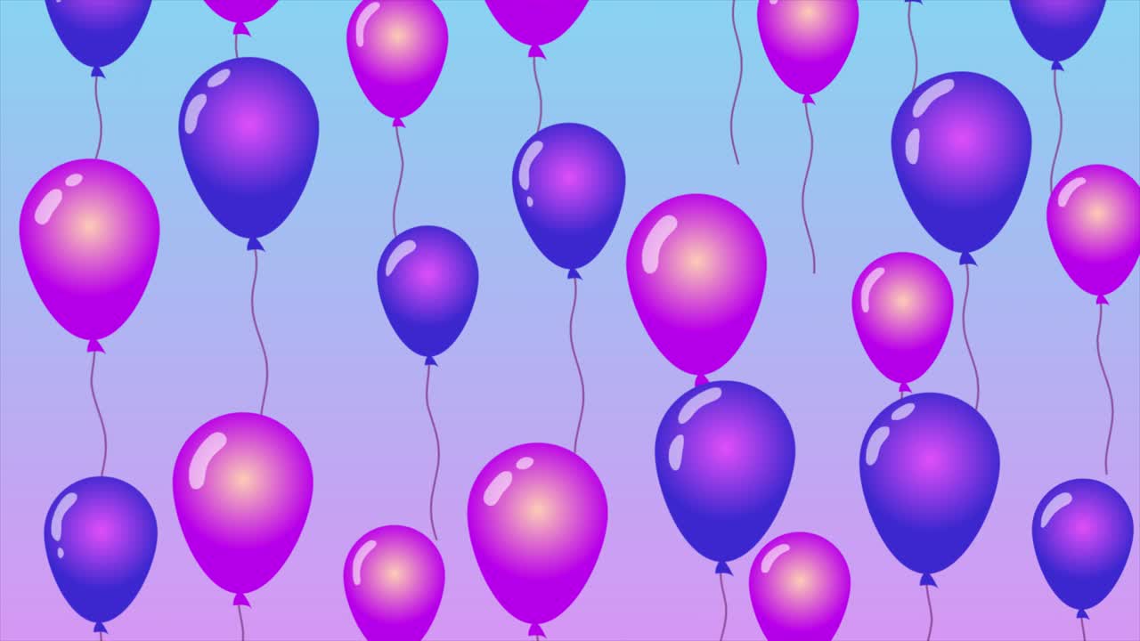 animación en 2d en bucle de globos púrpuras y rosas que vuelan en fondo gradiente. concepto de diseño abstracto para tarjetas de felicitación de cumpleaños de vacaciones, decoración de festivales, tarjeta de regalo. fiesta y celebración