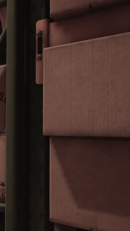 boxes stacked on shelves in a warehouse