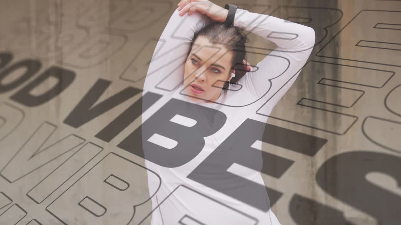 Animation of good vibes text over woman stretching in background