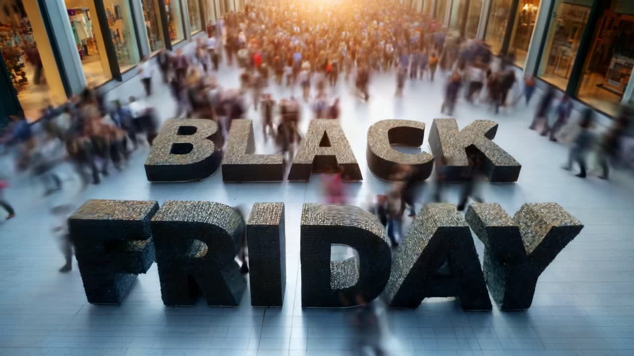 A bustling shopping scene that captures the excitement and energy of Black Friday, highlighting the massive crowds and dynamic atmosphere during this popular retail event inside a vibrant gallery