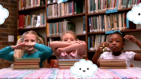 animation of clouds and crosses moving over happy school children with books in library